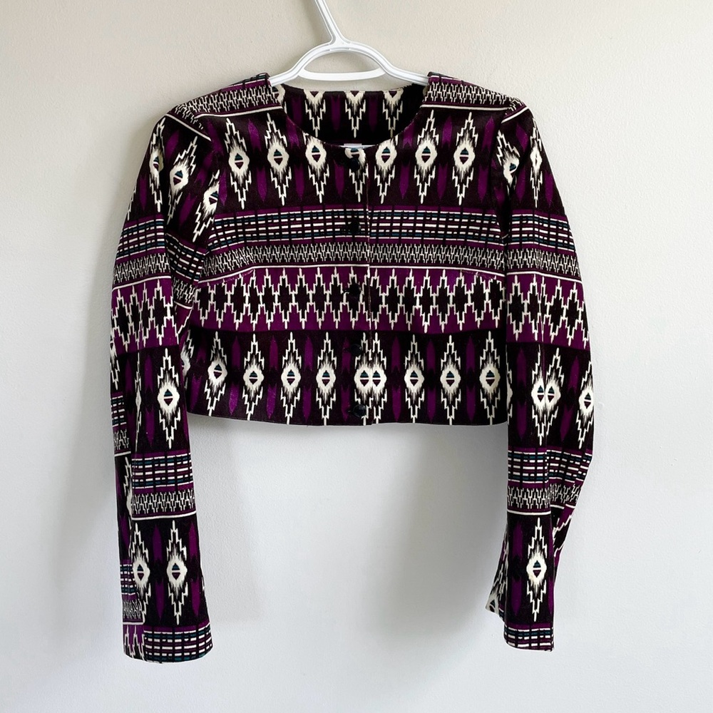 BLACK PURPLE TEAL CREAM BOLERO CROP JACKET BUTTONS FAUX SUEDE TRIBAL PRINT